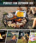 Foldable Campfire Grill With Legs Heavy Duty Steel Mesh Grate 22.4 Inch Portable Open Flame Grilling Rack used for cooking corn and heating a kettle over fire pit outdoors
