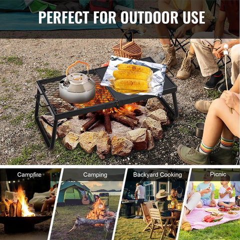 Foldable Campfire Grill With Legs Heavy Duty Steel Mesh Grate 22.4 Inch Portable Open Flame Grilling Rack used for cooking corn and heating a kettle over fire pit outdoors