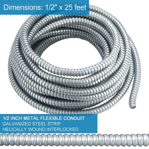 Half Inch Flexible Steel Electrical Conduit Kit, 25 feet of coiled flexible metal conduit with clear dimension label