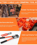 Battery Cable Lug Crimp Tool Kit With Copper Lugs Wire Cutter And Heavy Duty Case Works With AWG Ten To One Zero Gauge Includes 110 Cable Ends And 110 Pieces Of 3to1 Heat Shrink Tubing For Quick Secure Battery Connections, featuring removable boxes and ergonomic handles.