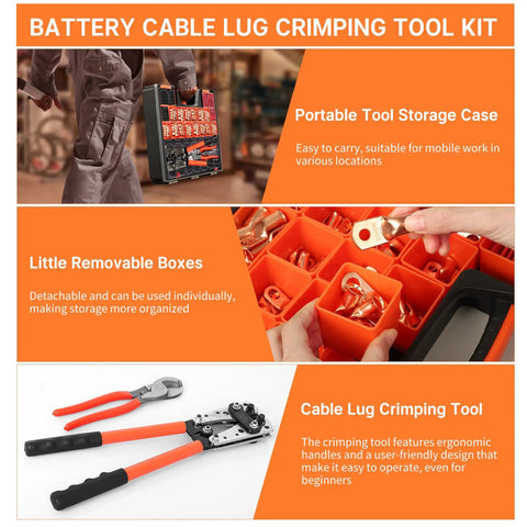 Battery Cable Lug Crimp Tool Kit With Copper Lugs Wire Cutter And Heavy Duty Case Works With AWG Ten To One Zero Gauge Includes 110 Cable Ends And 110 Pieces Of 3to1 Heat Shrink Tubing For Quick Secure Battery Connections, featuring removable boxes and ergonomic handles.
