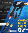 Beast Mode 5000 PSI Pressure Washer Gun with 360 Swivel Inlet, ergonomic design, detailing 3/8" plug and 1/4" socket outlet.