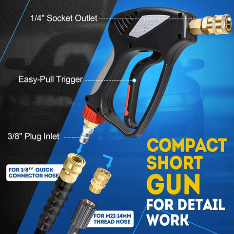 Beast Mode 5000 PSI Pressure Washer Gun with 360 Swivel Inlet, ergonomic design, detailing 3/8" plug and 1/4" socket outlet.