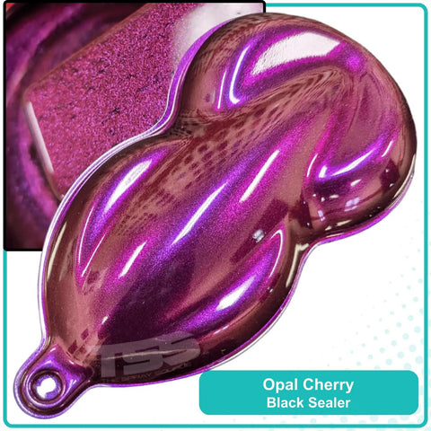 Opal Cherry Black Sealer sample with a glossy finish, showcasing a rich purple hue and metallic sparkle.