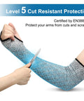 Arm Protection Sleeves Level 5 Cut Two Pairs Heat Resistant Protectors For Thin Skin Bruising Men Women Breathable Lightweight Tough As Nails Anti Cut With HPPE Nylon And Spandex 15 Times Stronger Than Steel worn on arm with knife demonstrating cut resistance