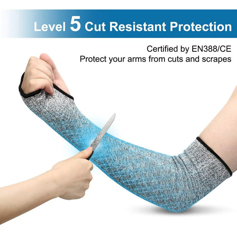 Arm Protection Sleeves Level 5 Cut Two Pairs Heat Resistant Protectors For Thin Skin Bruising Men Women Breathable Lightweight Tough As Nails Anti Cut With HPPE Nylon And Spandex 15 Times Stronger Than Steel worn on arm with knife demonstrating cut resistance