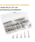 Heavy Duty 50 Piece 1/4 20 Phillips Pan Head Machine Screw Kit With Ridiculously Tough 304 Stainless Steel in storage box.
