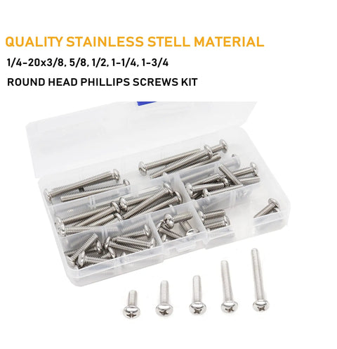 Heavy Duty 50 Piece 1/4 20 Phillips Pan Head Machine Screw Kit With Ridiculously Tough 304 Stainless Steel in storage box.