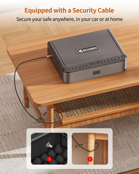 Biometric Gun Safe For Handgun with Four Quick Access Options secured to a table with a cable for home security