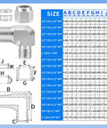 304 Stainless Steel 3/8 Inch Tube OD To 1/4 Inch NPT Male 90 Degree Elbow Compression Fitting with size chart and dimensions