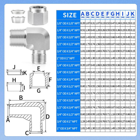 304 Stainless Steel 3/8 Inch Tube OD To 1/4 Inch NPT Male 90 Degree Elbow Compression Fitting with size chart and dimensions