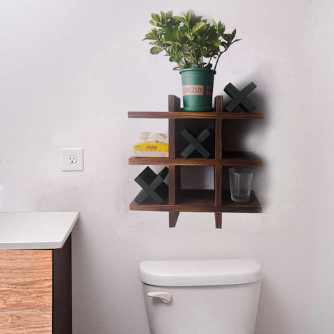Tic Tac Toe Toilet Paper Holder Stand Made From Natural Pine Wood Wall Mounted Or Freestanding Bathroom Tissue Roll Storage Organizer With Whimsical Game Board Style And Cool Home Decor Vibe showcasing plant and decor items above toilet