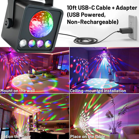 2 Pack Sunset Lamp Disco Ball Party Lights with Sound Activated LED Strobe and Stage Lighting showcasing vibrant colors in room setup.