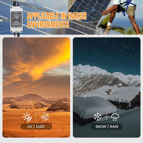 Solar Panel Disconnect Switch 1000V 60A PV Breaker Box Outdoor Enclosure shown in harsh environments, desert and snowy mountains.