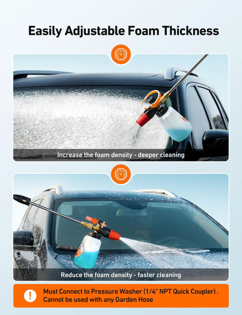 Heavy Duty Car Foam Cannon With Wide Neck Adjustable Snow Lance And Thick Foam For Pressure Washer One Liter Bottle One Quarter Inch Quick Connector Works With 1000 To 3000 PSI Washers in use on a car