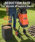 Powerful 15 Amp Electric Wood Chipper Shredder With 1.75 Inch Cutting Capacity For Branches And Twigs next to collection bag