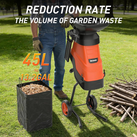 Powerful 15 Amp Electric Wood Chipper Shredder With 1.75 Inch Cutting Capacity For Branches And Twigs next to collection bag