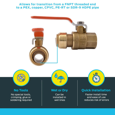 Three Quarter Inch Ball Valve With FNPT Connector Push To Connect Brass Plumbing Fitting For PEX Copper CPVC PE RT HDPE SDR 9 Pipes Ideal For Tight Spaces Quick Install And DIY Friendly shown front and side view