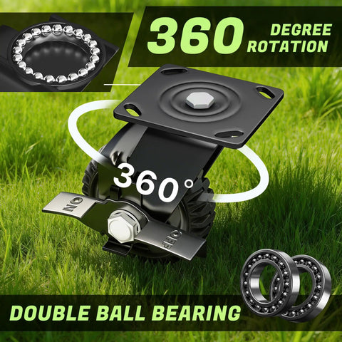 Built Bullet Proof Five Inch Solid Rubber Caster Wheels With Knockout Step On Brake Locks and Smooth Rolling Knobby Treads showing 360 degree rotation and double ball bearings.