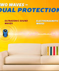 Plug In Ultrasonic Pest Repeller With LED Display for indoor and outdoor use shown with sound waves over a couch.