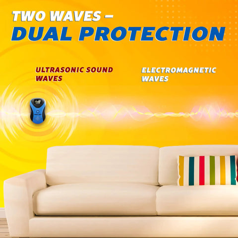 Plug In Ultrasonic Pest Repeller With LED Display for indoor and outdoor use shown with sound waves over a couch.
