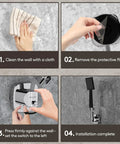Installation steps for 360 Degree Swivel Shower Head Holder With Strong Suction Cup, 10 Kg Load Capacity, in silver finish.