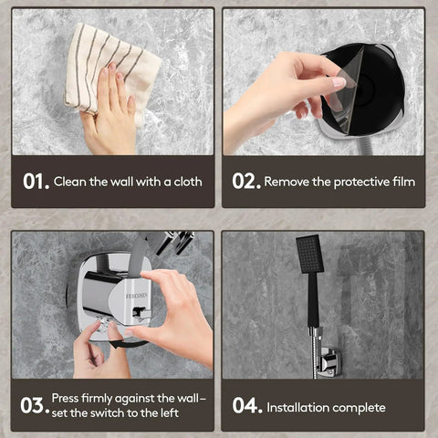 Installation steps for 360 Degree Swivel Shower Head Holder With Strong Suction Cup, 10 Kg Load Capacity, in silver finish.