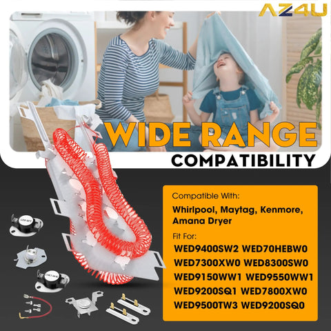 Electric Dryer Heating Element Replacement With Thermostat And Thermal Fuse Fits WED9400 Series Dryers Easy Install And Durable Aftermarket Replacement Part Game Changer showing compatibility details and heating element component layout