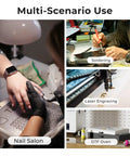 Nail Salon Fume Extractor With 130W Motor 260m3/h Air Flow Pedal Switch 3 In 1 HEPA Filter Low Noise Design For Soldering Fiber Laser Engraving And DTF Oven XF250III Pro Grade in multi-scenario use, including nail salon, soldering, laser engraving, and DTF oven.