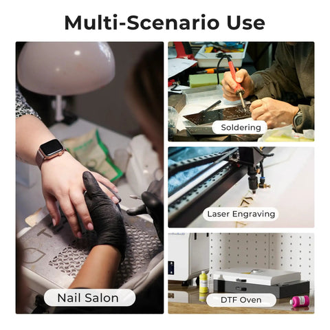 Nail Salon Fume Extractor With 130W Motor 260m3/h Air Flow Pedal Switch 3 In 1 HEPA Filter Low Noise Design For Soldering Fiber Laser Engraving And DTF Oven XF250III Pro Grade in multi-scenario use, including nail salon, soldering, laser engraving, and DTF oven.