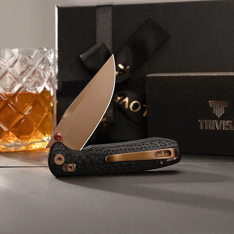 Dope Rose Gold Folding Knife for Men and Women 3 Inch 14C28N Steel Blade with PVD Coating Carbon Fiber Handle EDC Knife