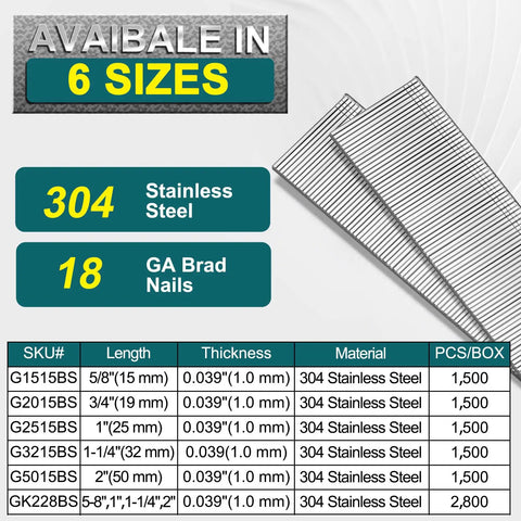 Tough As Nails 304 Stainless Steel Brad Nails 5/8 Inch 18 Gauge corrosion resistant options in six sizes and specifications.