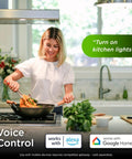 Woman cooking in kitchen using Long Range Z Wave On Off Paddle Switch With Quick Fit Wiring Direct 3 Way Installation No Add On Switch Needed Smart Hub Required Compatible With Alexa And Google Home 800LR for smart light control.
