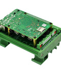 Green DIN Rail Mount Screw Terminal Block Adapter Module for Raspberry Pi on mount, showing screw terminals and connections