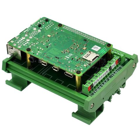 Green DIN Rail Mount Screw Terminal Block Adapter Module for Raspberry Pi on mount, showing screw terminals and connections