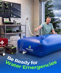 Man filling 1000L Portable Collapsible Water Bladder Tank For Camping And RV Use Emergency Water Reserve in garage