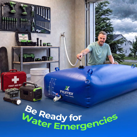 Man filling 1000L Portable Collapsible Water Bladder Tank For Camping And RV Use Emergency Water Reserve in garage