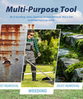Multi-purpose tool with rust removal, weeding using 10-Inch Universal Weed Brush Cutter Head, and moss dust removal.