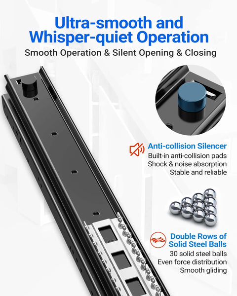 Bottom Mount Drawer Slides Go To Heavy Duty Full Extension Rails 265 Lbs Capacity For Under Stairs Cabinets And Deep Storage 16 24 32 40 Inch Black Cold Rolled Steel Hardware 1 Pair 32 Inch with anti-collision silencer and steel balls.