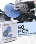 Pro Grade 6 Inch Ceramic Sanding Discs with Hook and Loop, 180 Grit in use for various projects, featuring a box of 50 pcs.
