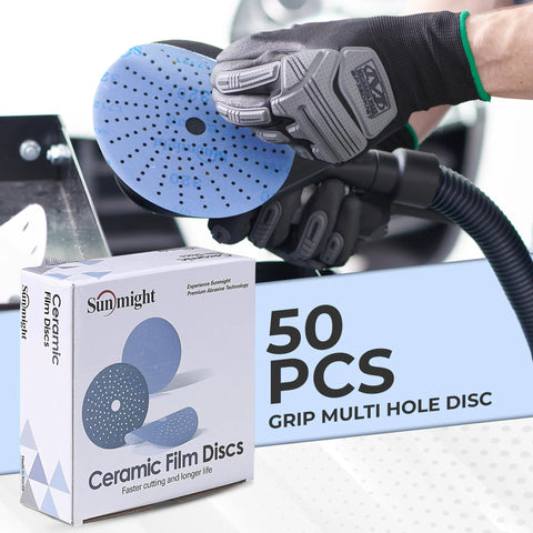 Pro Grade 6 Inch Ceramic Sanding Discs with Hook and Loop, 180 Grit in use for various projects, featuring a box of 50 pcs.