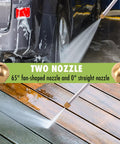 High Pressure Washer Wand 2-In-1 Power Washer for Garden Hose with 65 Degree Fan Nozzle and 0 Degree Straight Nozzle in use on car and patio