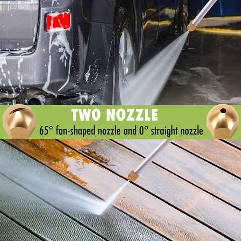 High Pressure Washer Wand 2-In-1 Power Washer for Garden Hose with 65 Degree Fan Nozzle and 0 Degree Straight Nozzle in use on car and patio