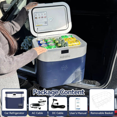 Go To Portable Car Refrigerator And Travel Cooler, 23 Quart (22 Liter) with open lid showing contents and package contents.