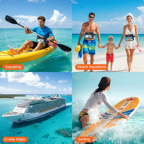 People enjoying water activities wearing Go-To IPX8 Waterproof Fanny Pack For Women Up To 8.5 Inches Floating Phone Pouch Dry Bag 2 Pack