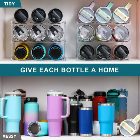 Stackable Water Bottle Organizer Holder For Large Tumblers Fits Big Bottles Three Tier Clear Wine Rack Style Cup Holder shown organized and messy.