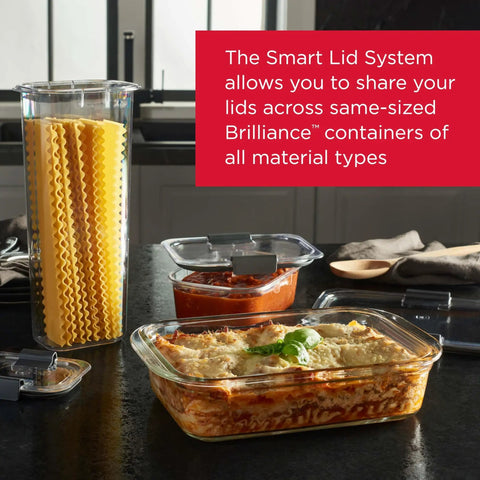 Brilliant Glass Food Storage Containers Set Of Nine with airtight lids, showing lasagna and pasta storage, BPA free and vented