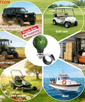 Ball Steering Wheel Spinner Booster Knob For Easy Turning And Quick Stops Universal Turning Assist Handle Fits Tractors Forklifts Lawn Mowers Boats And More Green displayed with application examples like tractor, forklift, and lawn mower on grassy background with flowers.