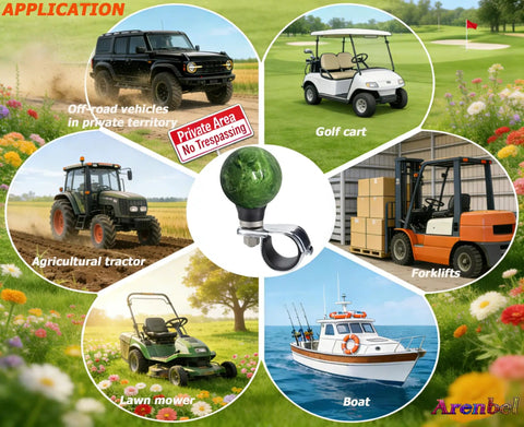 Ball Steering Wheel Spinner Booster Knob For Easy Turning And Quick Stops Universal Turning Assist Handle Fits Tractors Forklifts Lawn Mowers Boats And More Green displayed with application examples like tractor, forklift, and lawn mower on grassy background with flowers.