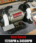 Badass 1/2 Horsepower Dual Speed Bench Grinder Buffer Combo with a cast iron base, showing grinding wheels and speed control.